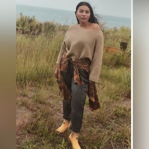 Anthropologie Forest Green Shimmer Satin Jogger Cargo Pants pockets metallic SzM